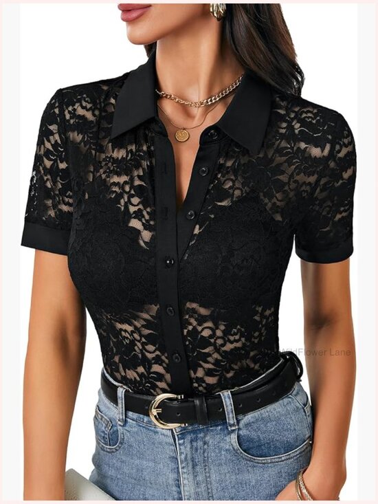 Tops - Lace Button Up Short Sleeve Blouse Sheer Collared Shirt Dressy Casual Top